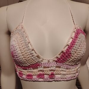 Crochet Halter Top in Pink and Cream